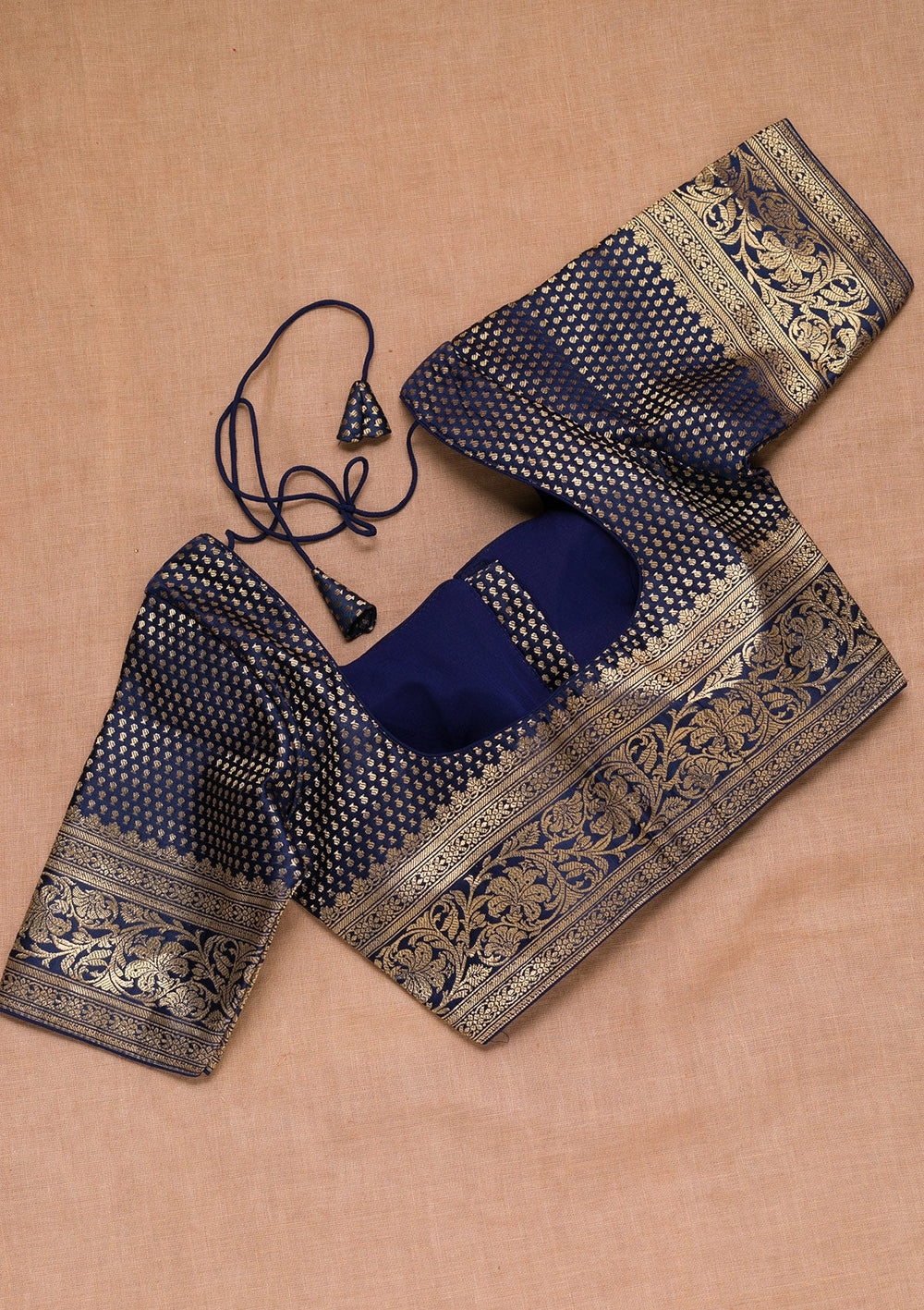 Navy Blue Zariwork Raw Silk Blouse-Koskii