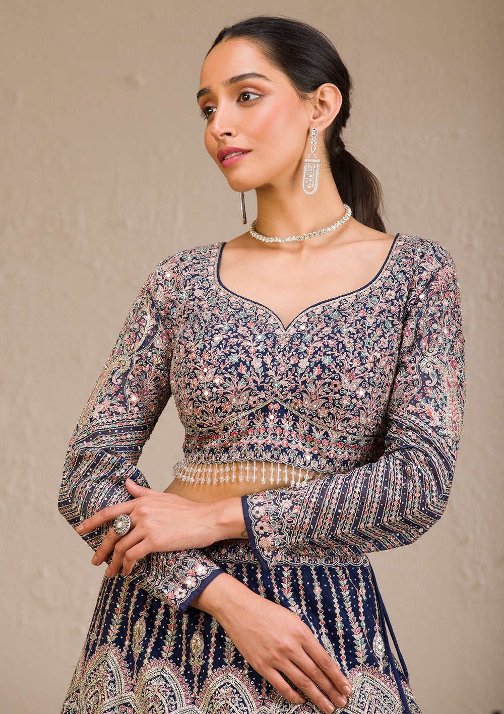 Navy Blue Zariwork Raw Silk Readymade Lehenga-Koskii