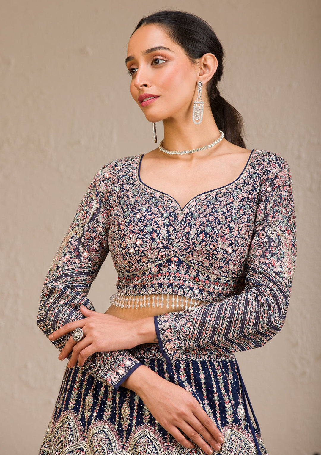 Navy Blue Zariwork Raw Silk Readymade Lehenga-Koskii