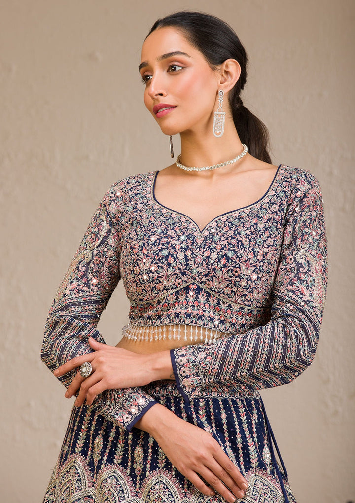 Navy Blue Zariwork Raw Silk Readymade Lehenga-Koskii