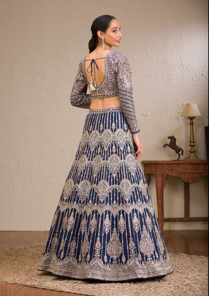 Navy Blue Zariwork Raw Silk Readymade Lehenga-Koskii