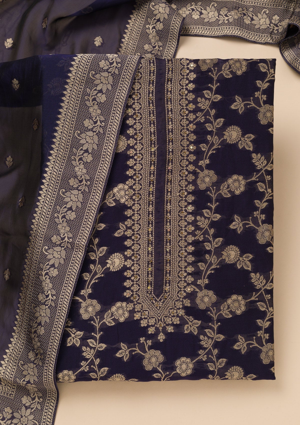 Navy Blue Zariwork Satin Unstitched Salwar Suit