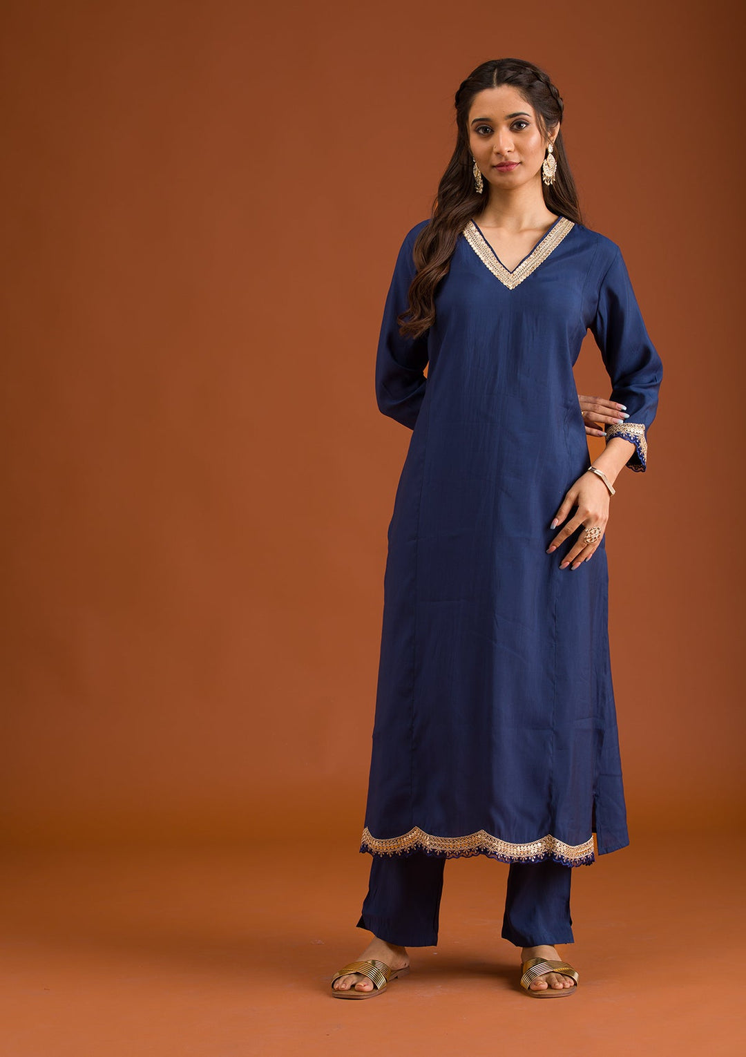 Navy Blue Zariwork Semi Crepe Readymade Salwar Suit-Koskii