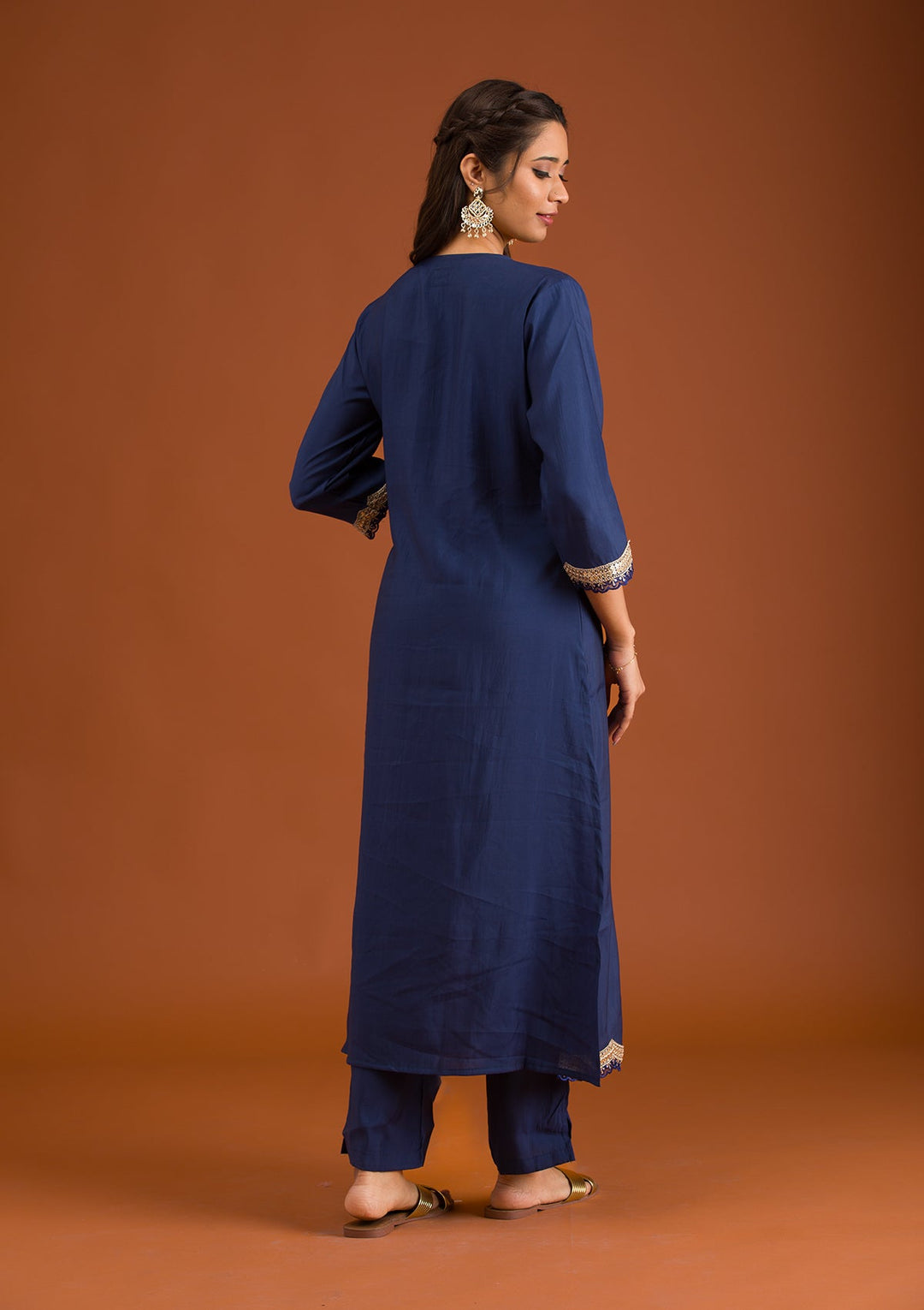 Navy Blue Zariwork Semi Crepe Readymade Salwar Suit-Koskii