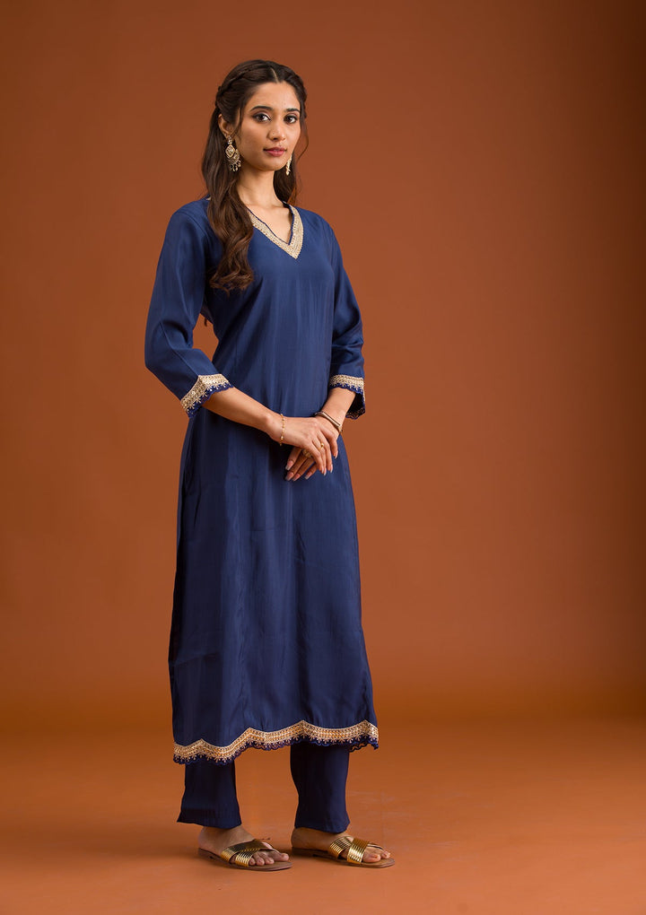 Navy Blue Zariwork Semi Crepe Readymade Salwar Suit-Koskii