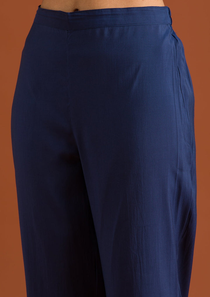 Navy Blue Zariwork Semi Crepe Readymade Salwar Suit-Koskii