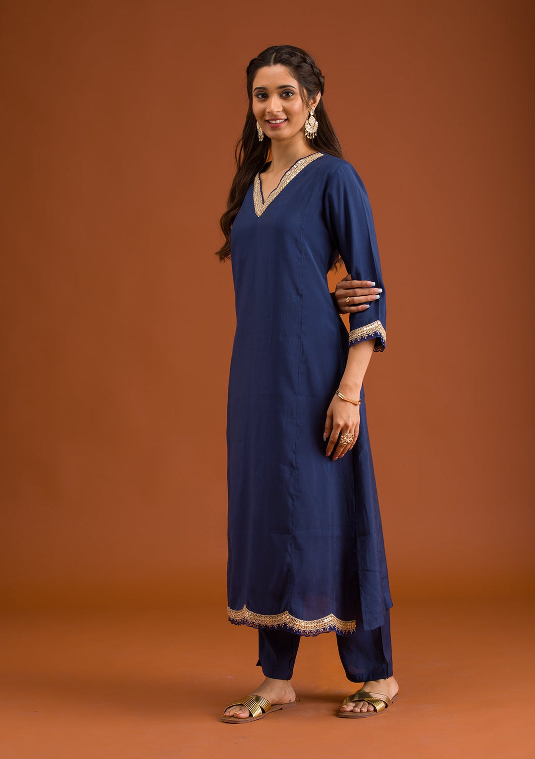 Navy Blue Zariwork Semi Crepe Readymade Salwar Suit-Koskii