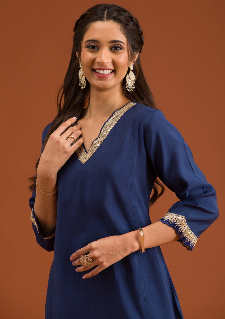 Navy Blue Zariwork Semi Crepe Readymade Salwar Suit-Koskii