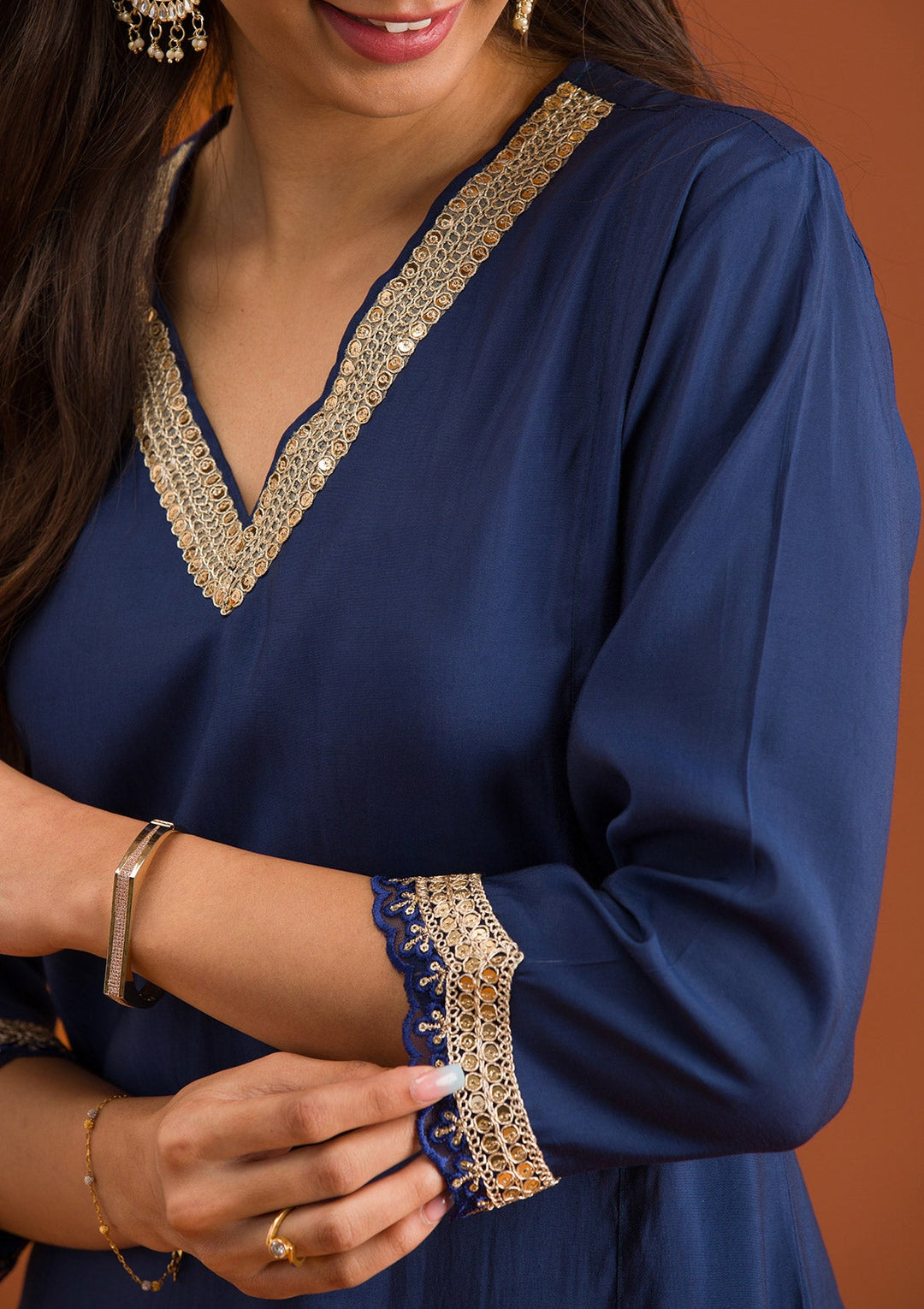 Navy Blue Zariwork Semi Crepe Readymade Salwar Suit-Koskii