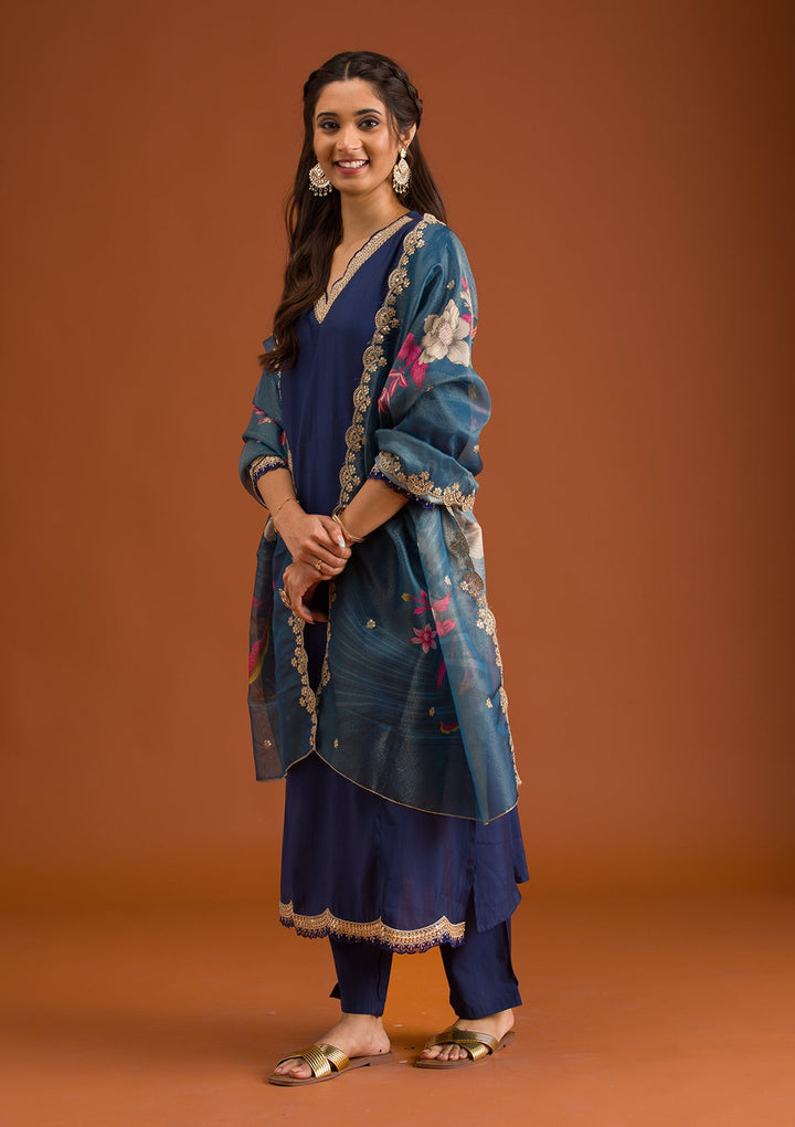 Navy Blue Zariwork Semi Crepe Readymade Salwar Suit-Koskii