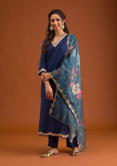 Navy Blue Zariwork Semi Crepe Readymade Salwar Suit-Koskii