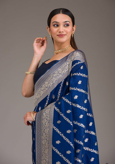 Navy Blue Zariwork Semi Crepe Saree-Koskii