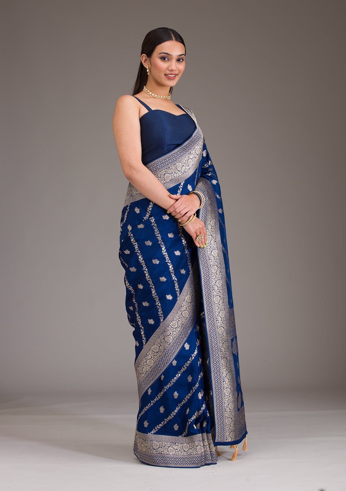 Navy Blue Zariwork Semi Crepe Saree-Koskii