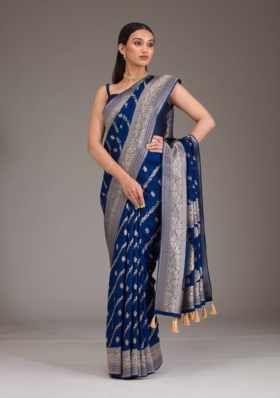 Navy Blue Zariwork Semi Crepe Saree-Koskii