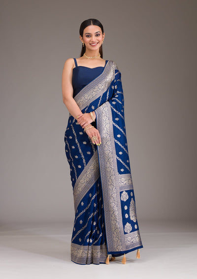 Navy Blue Zariwork Semi Crepe Saree-Koskii