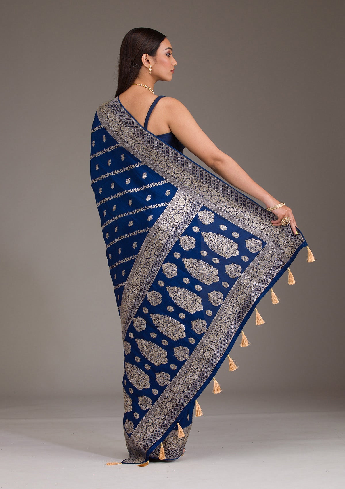 Navy Blue Zariwork Semi Crepe Saree-Koskii