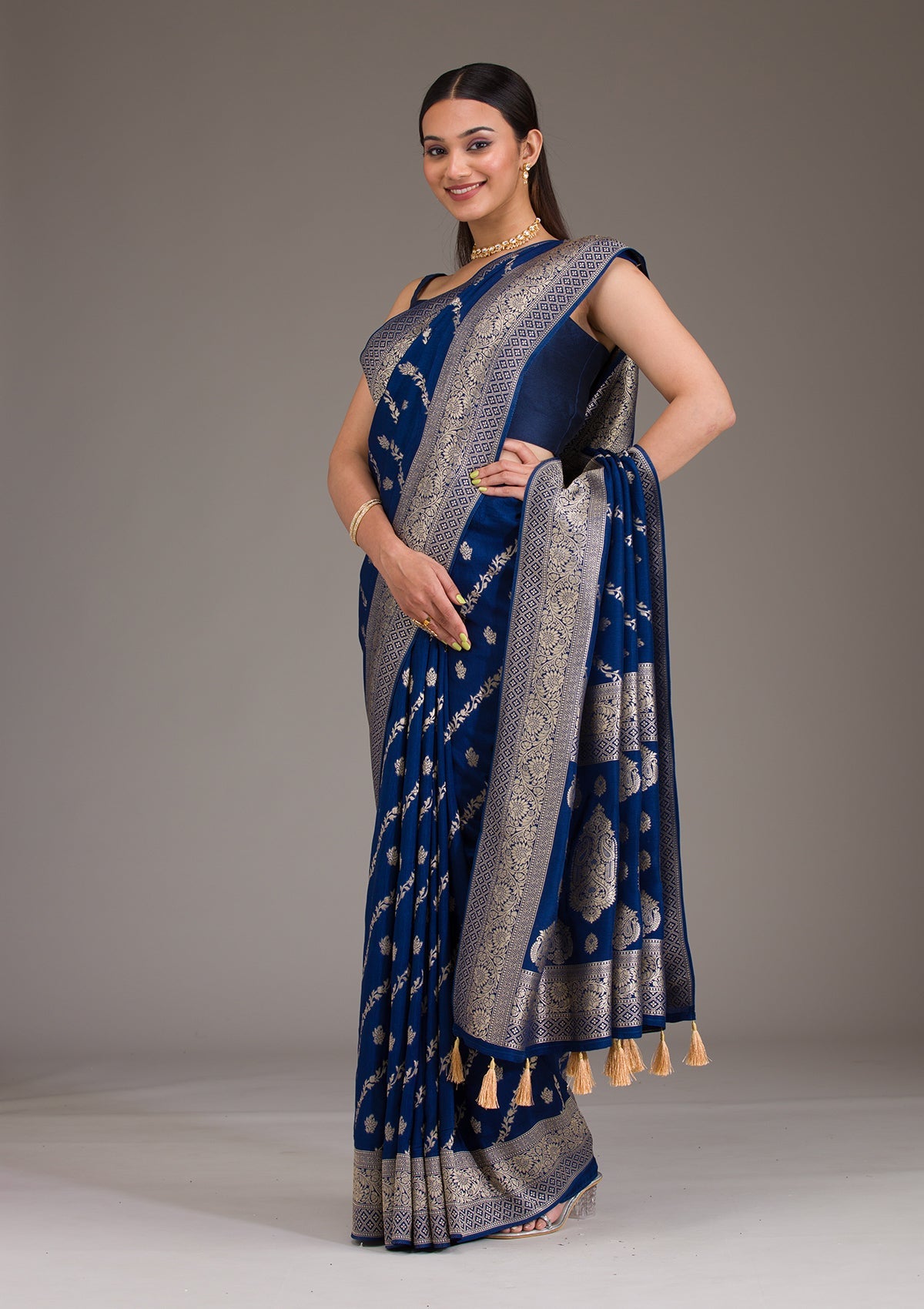 Navy Blue Zariwork Semi Crepe Saree-Koskii