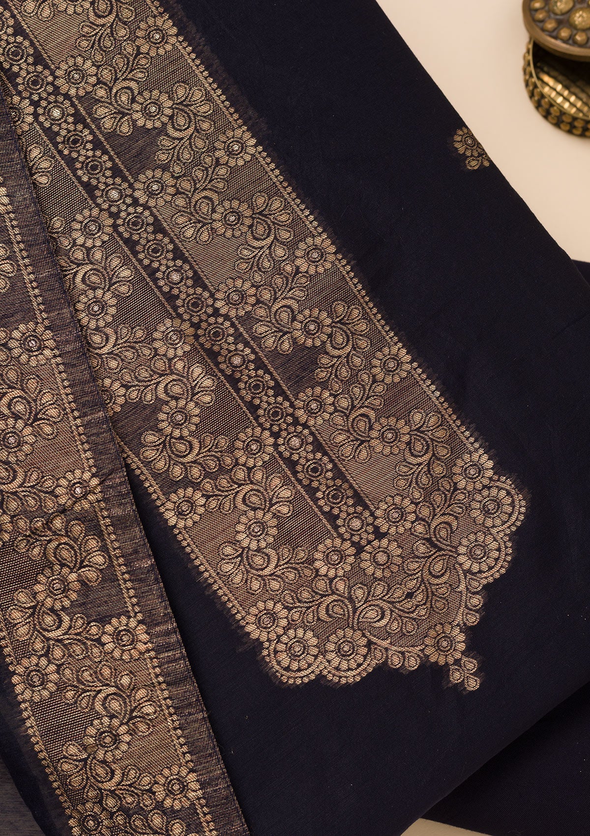 Navy Blue Zariwork Soft Silk Unstitched Salwar Suit-Koskii