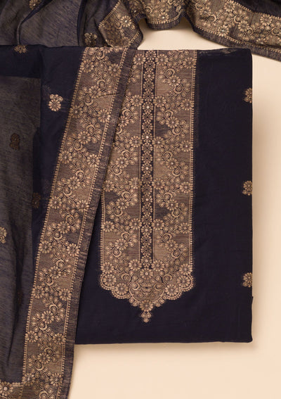 Navy Blue Zariwork Soft Silk Unstitched Salwar Suit-Koskii