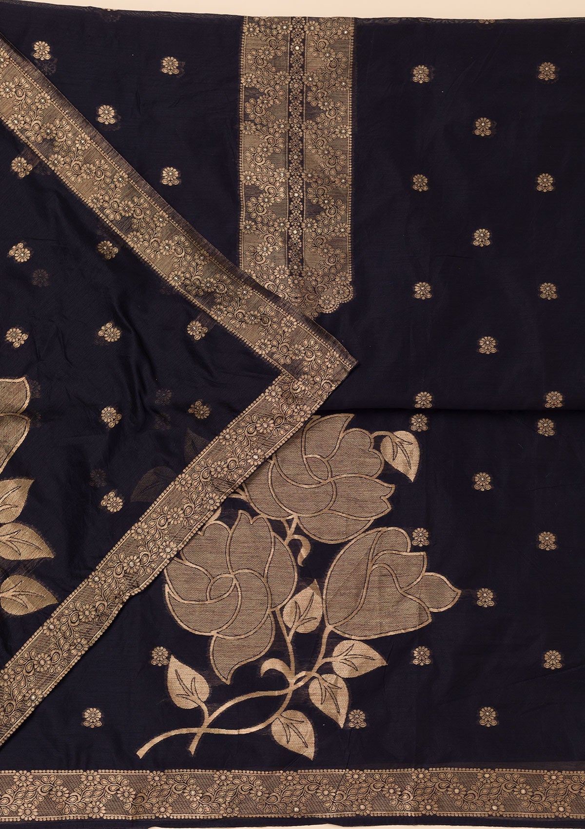 Navy Blue Zariwork Soft Silk Unstitched Salwar Suit-Koskii