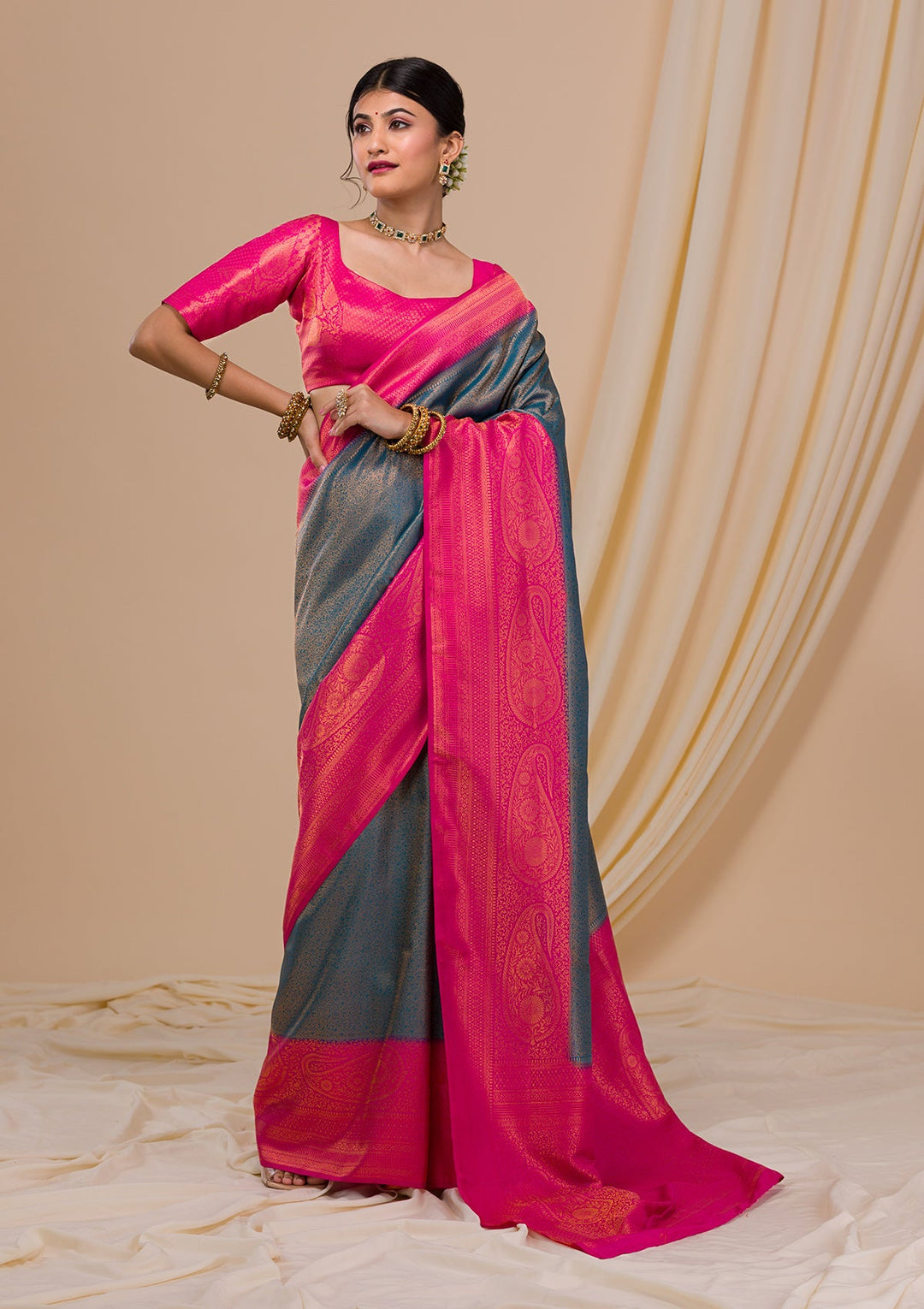Navy Blue Zariwork Soft Silk Saree-Koskii