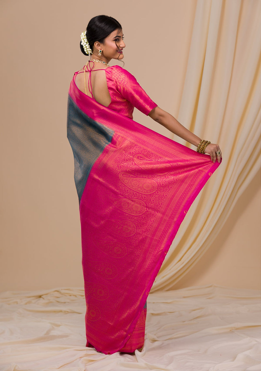 Navy Blue Zariwork Soft Silk Saree-Koskii