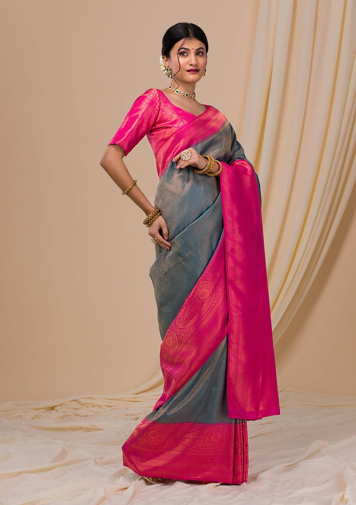Navy Blue Zariwork Soft Silk Saree-Koskii