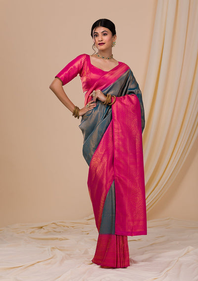 Navy Blue Zariwork Soft Silk Saree-Koskii