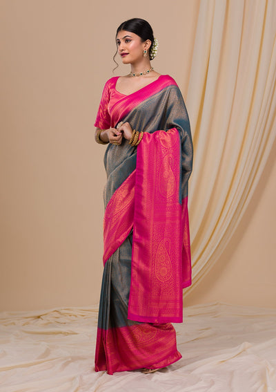 Navy Blue Zariwork Soft Silk Saree-Koskii