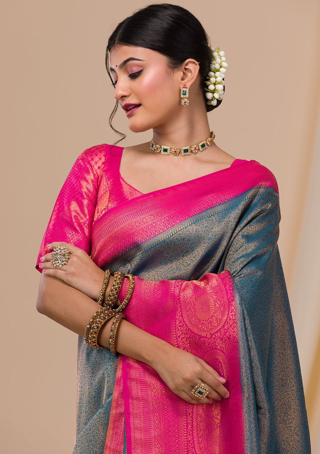 Navy Blue Zariwork Soft Silk Saree-Koskii