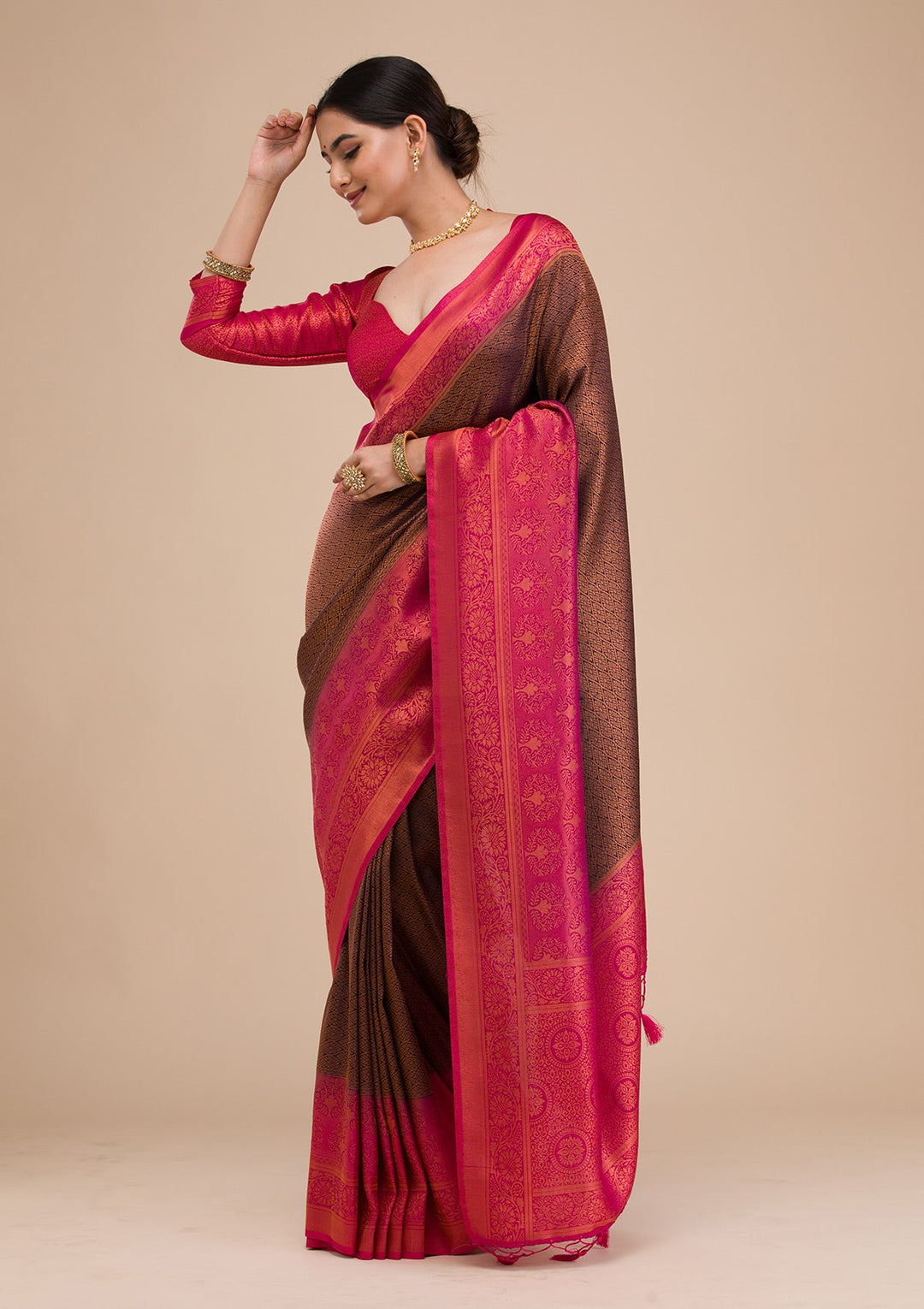 Navy Blue Zariwork Soft Silk Saree-Koskii