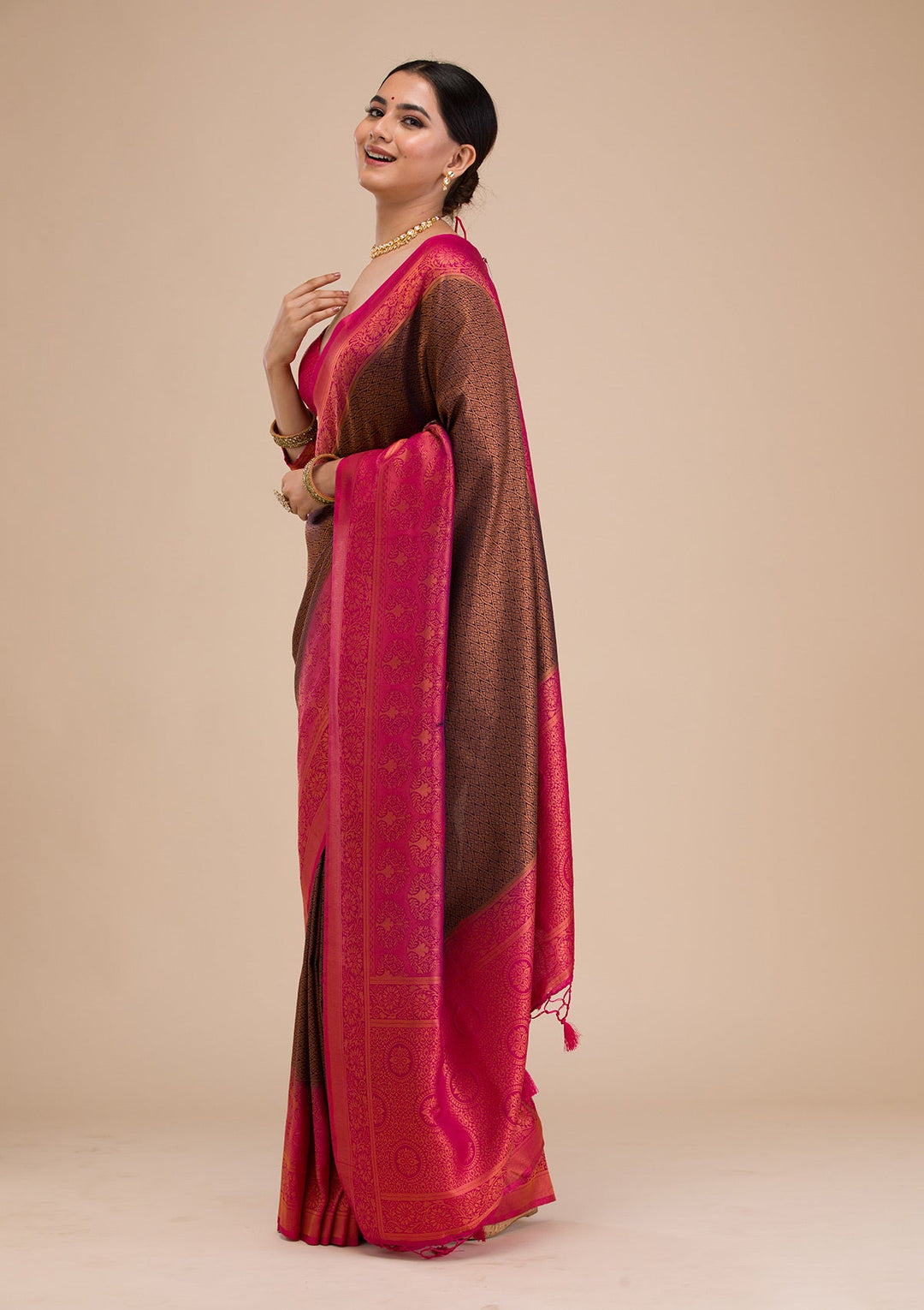 Navy Blue Zariwork Soft Silk Saree-Koskii