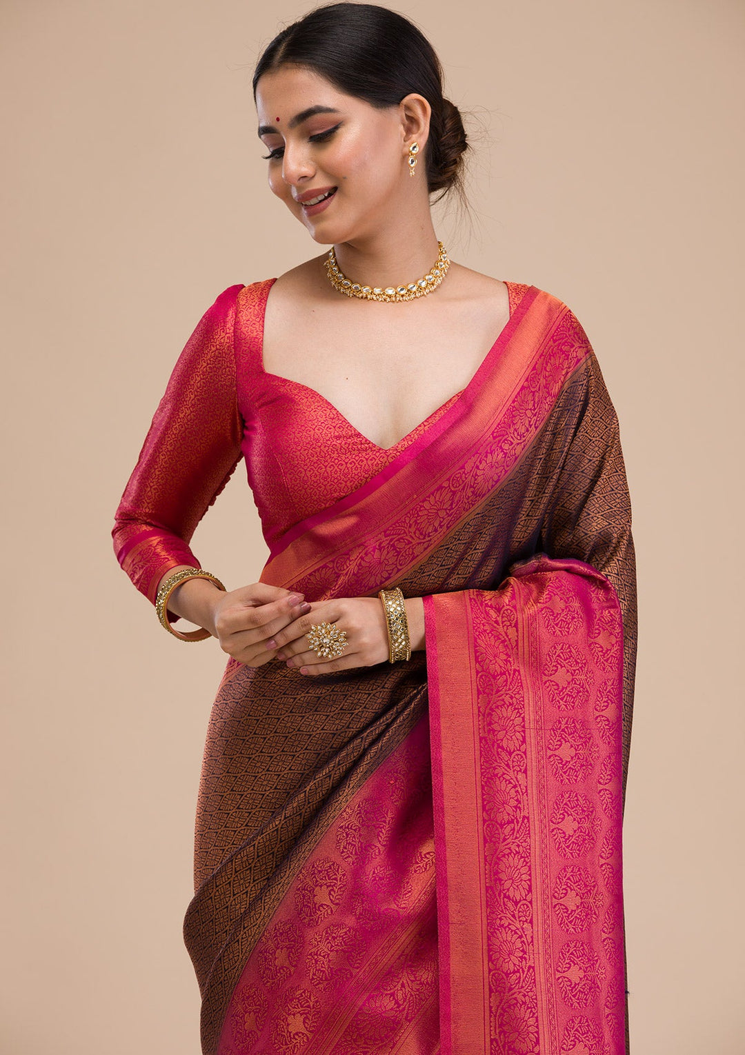 Navy Blue Zariwork Soft Silk Saree-Koskii
