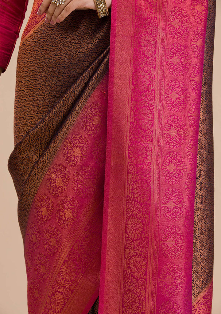 Navy Blue Zariwork Soft Silk Saree-Koskii