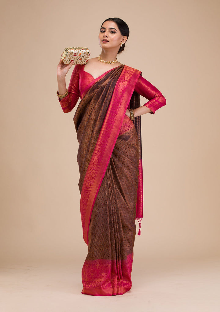Navy Blue Zariwork Soft Silk Saree-Koskii