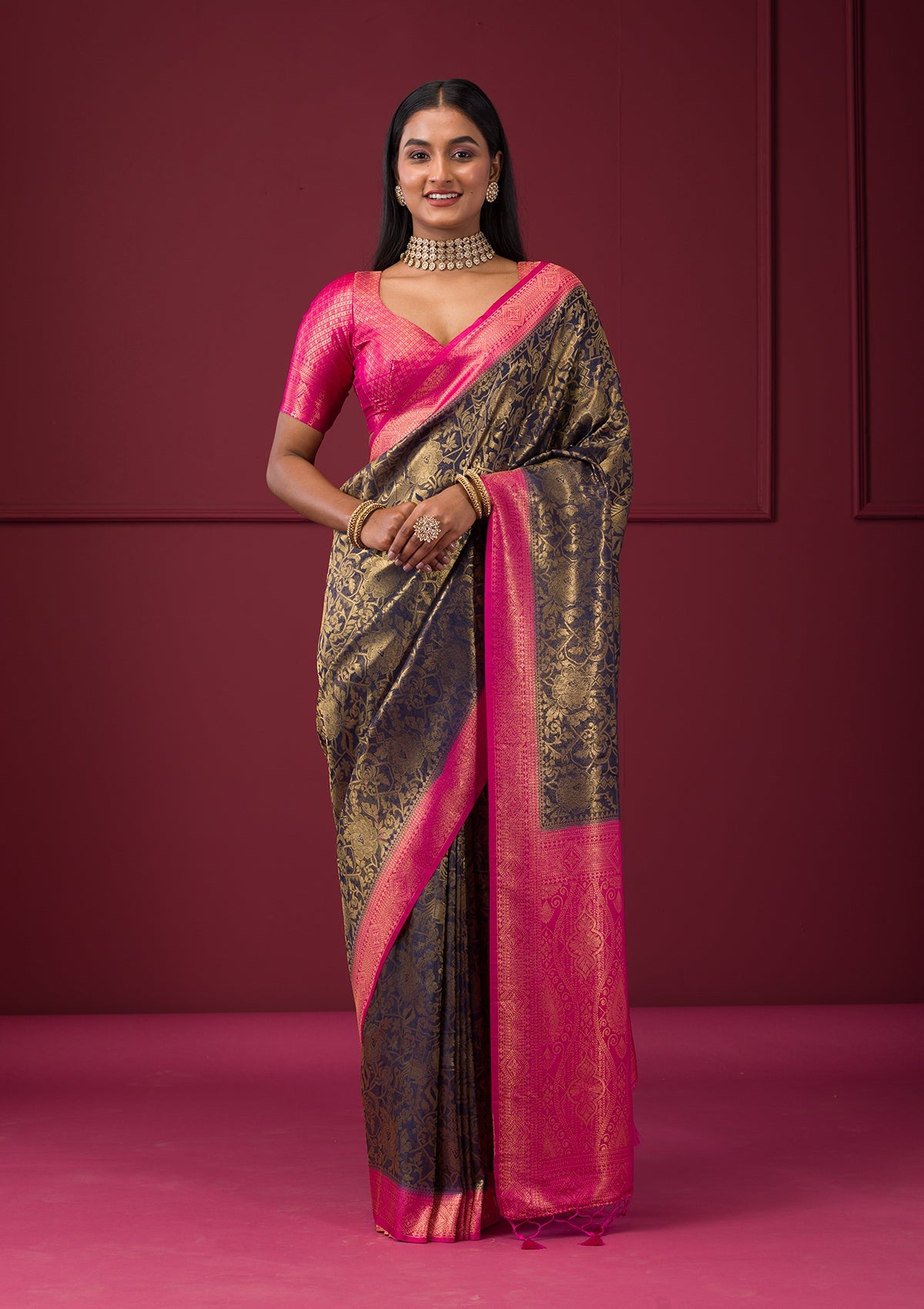 Navy Blue Zariwork Soft Silk Saree-Koskii