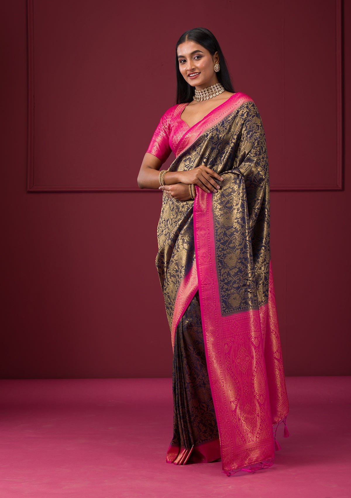 Navy Blue Zariwork Soft Silk Saree-Koskii