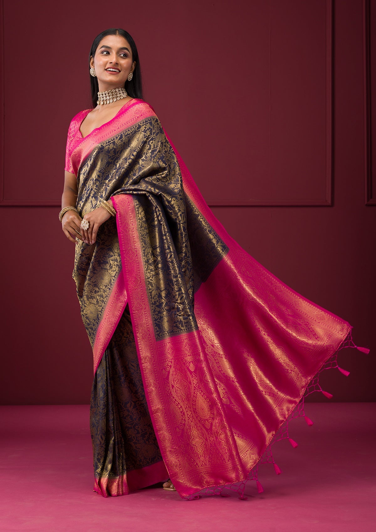 Navy Blue Zariwork Soft Silk Saree-Koskii