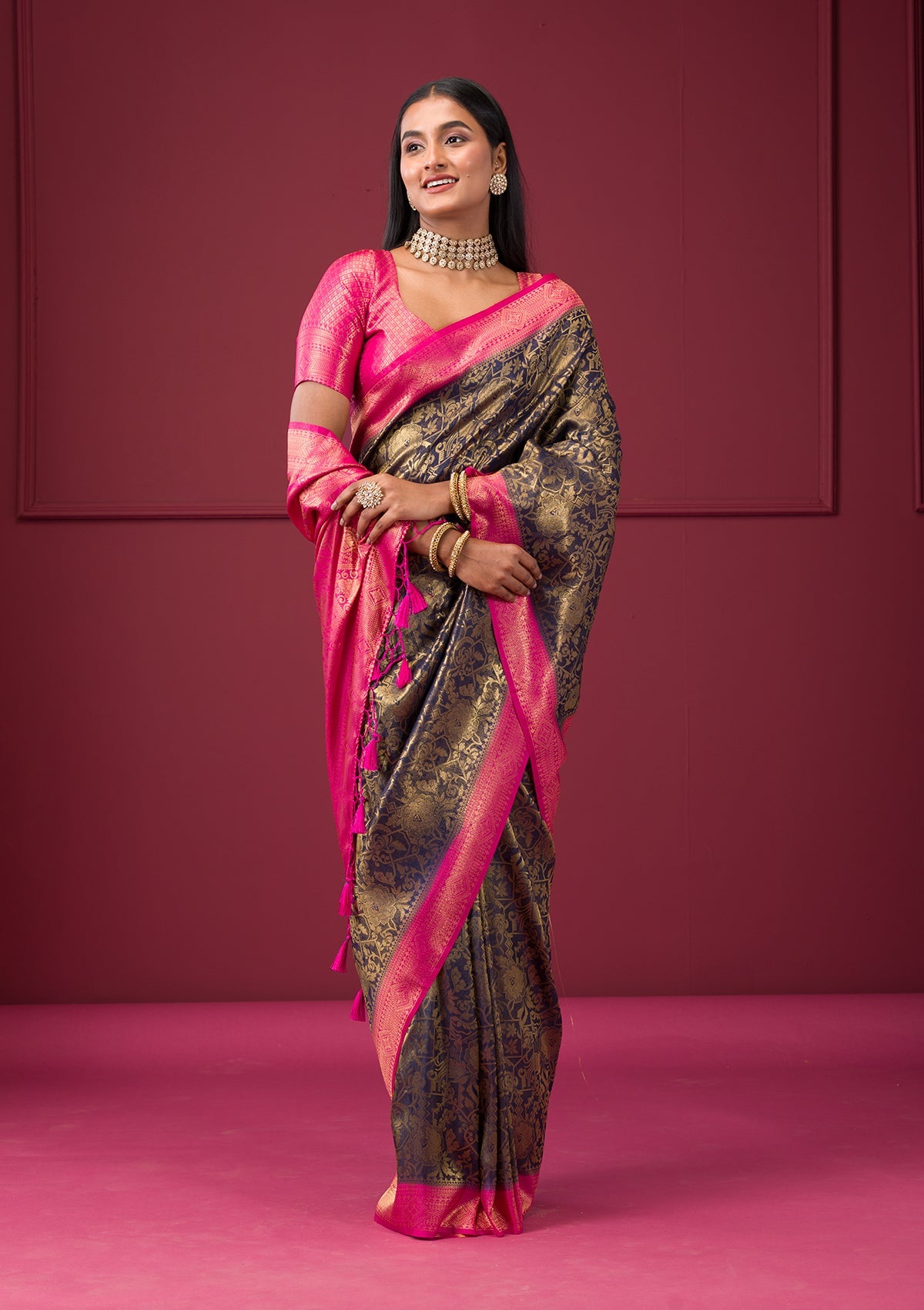 Navy Blue Zariwork Soft Silk Saree-Koskii