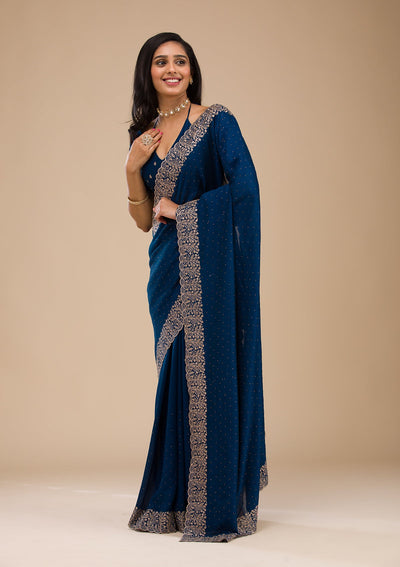 Navy Blue Zariwork Soft Silk Saree