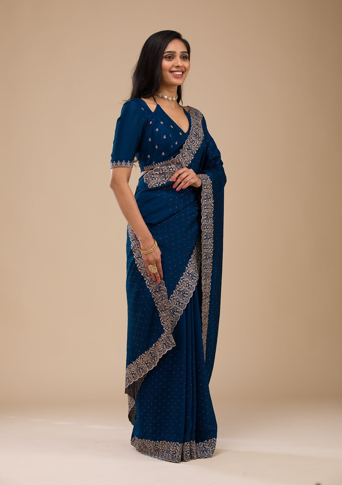 Navy Blue Zariwork Soft Silk Saree