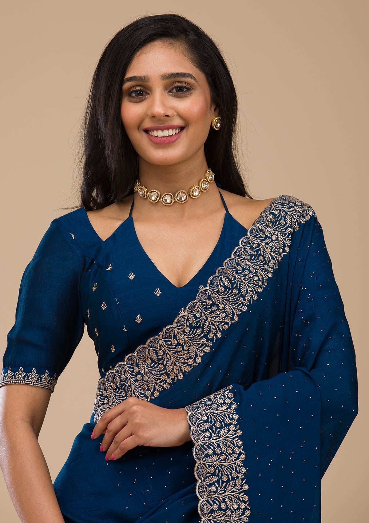 Navy Blue Zariwork Soft Silk Saree