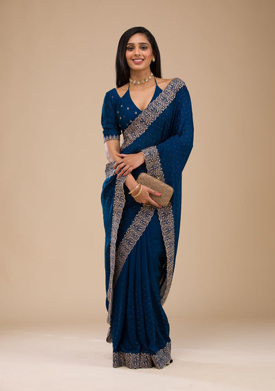 Navy Blue Zariwork Soft Silk Saree