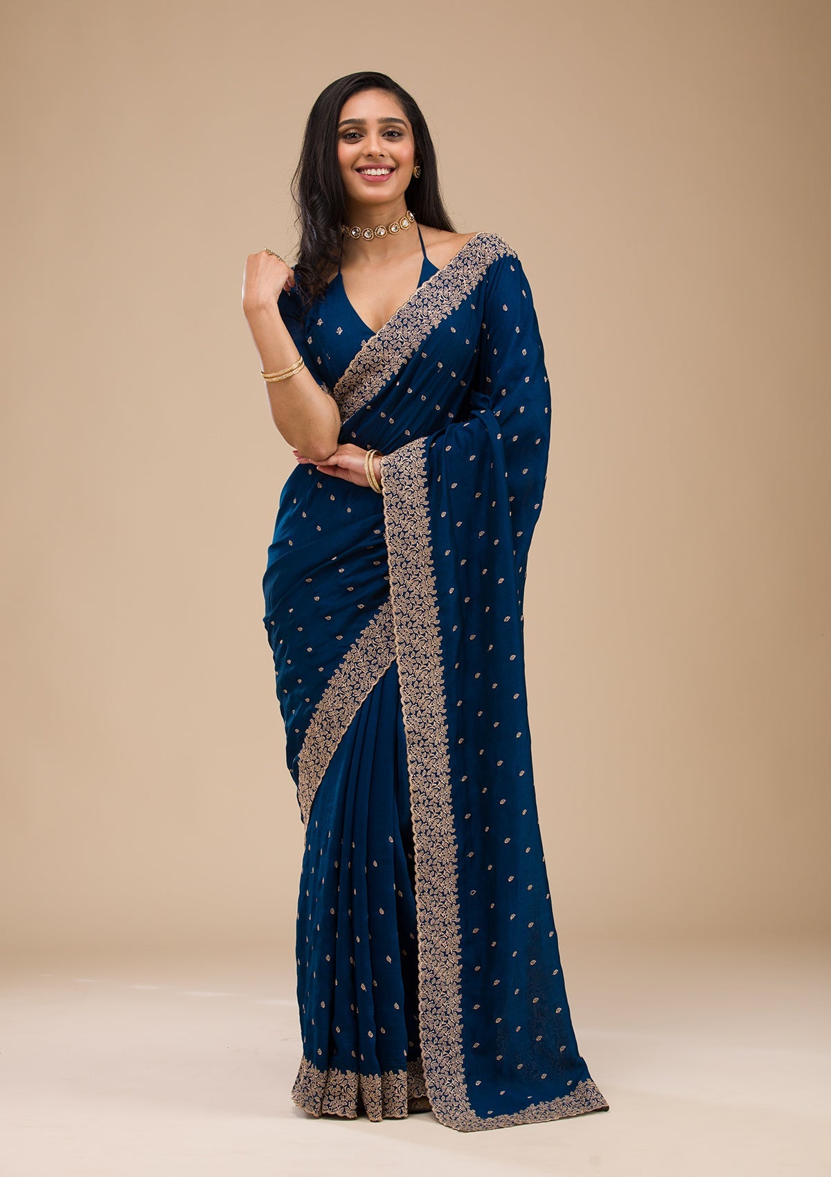 Navy Blue Zariwork Soft Silk Saree