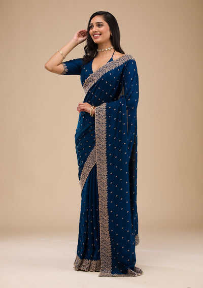 Navy Blue Zariwork Soft Silk Saree