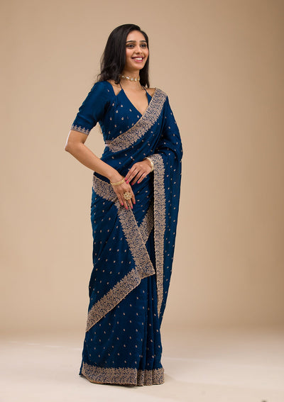 Navy Blue Zariwork Soft Silk Saree