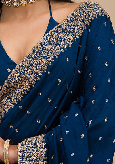 Navy Blue Zariwork Soft Silk Saree