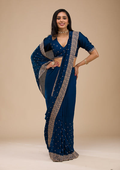 Navy Blue Zariwork Soft Silk Saree