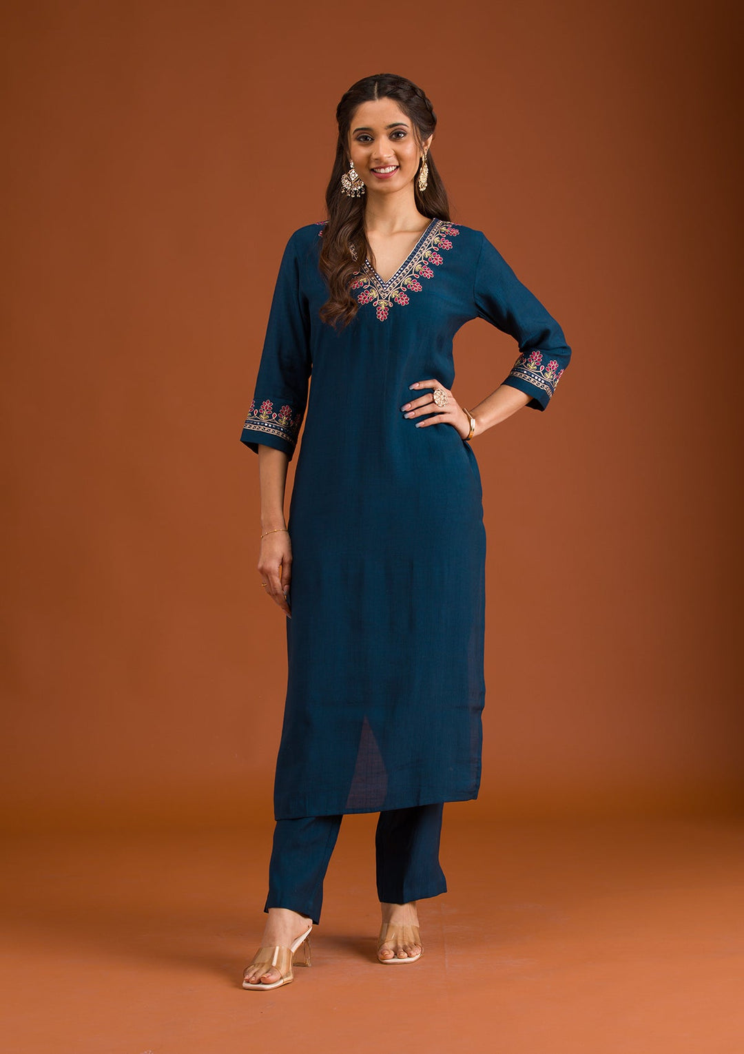Navy Blue Zariwork Tissue Readymade Salwar Suit-Koskii