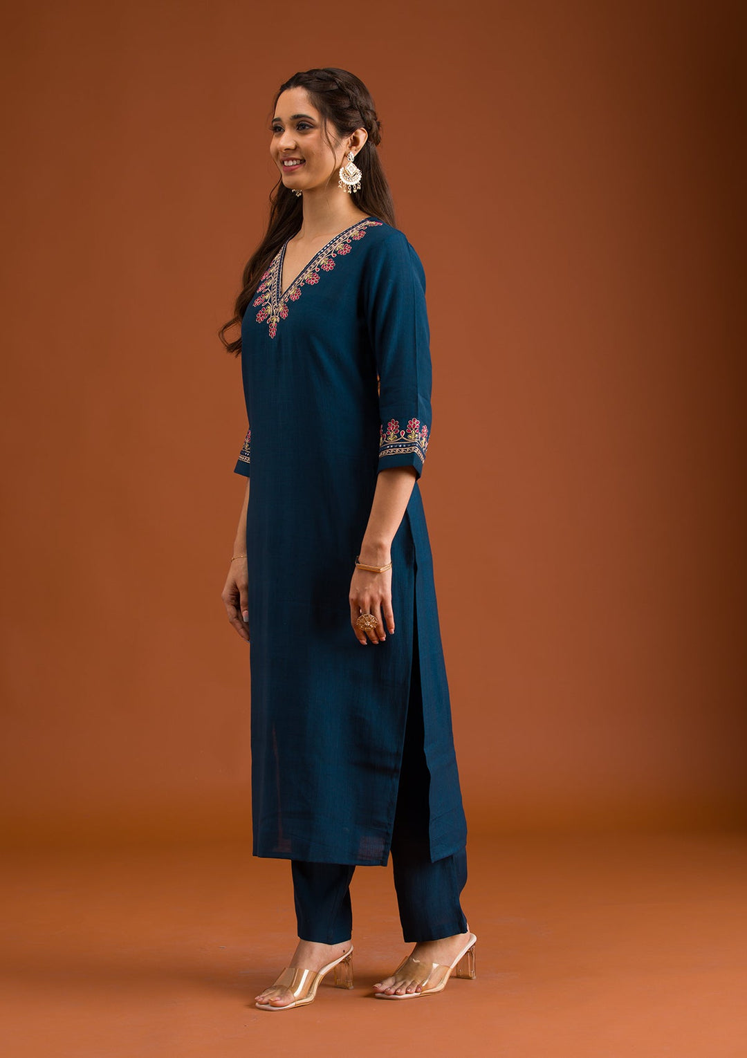 Navy Blue Zariwork Tissue Readymade Salwar Suit-Koskii
